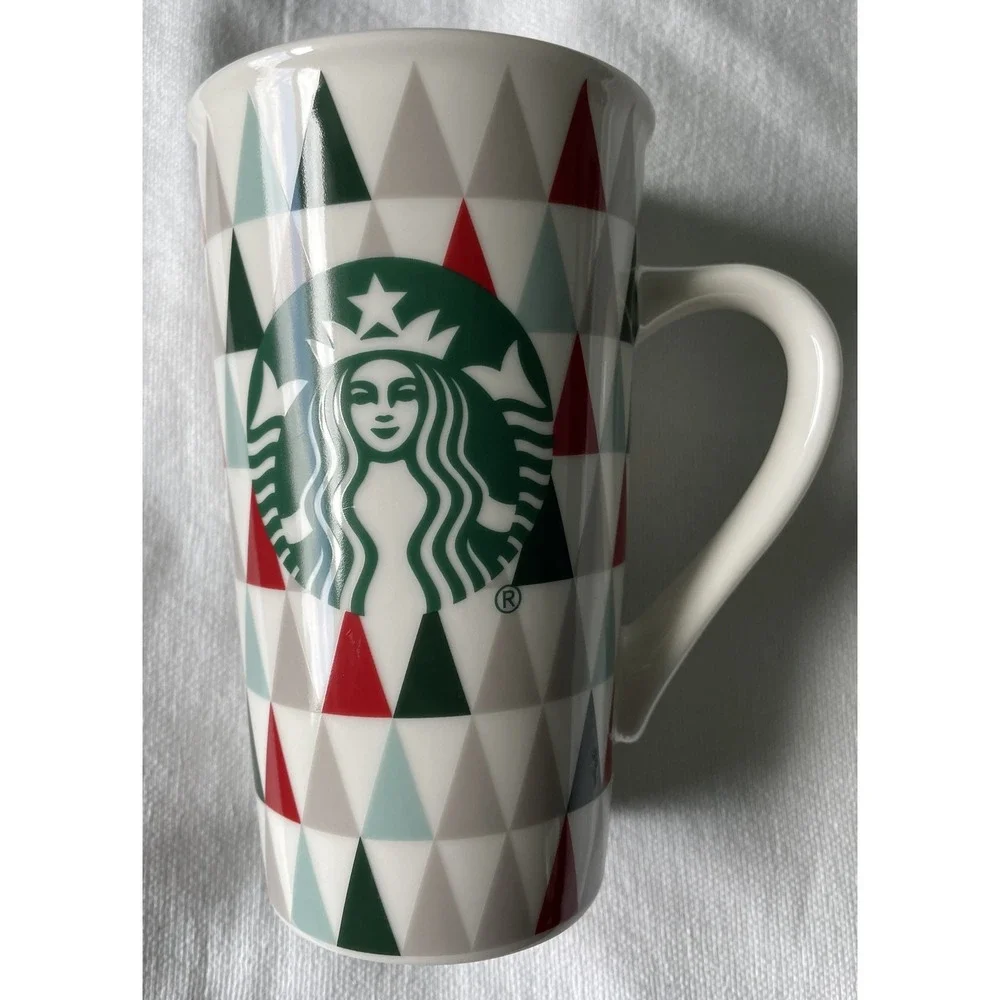STARBUCKS COFFEE 16 OZ MERMAID CUPS - SILVER-DARK GREEN-MINT GREEN-RED TRIANGLES